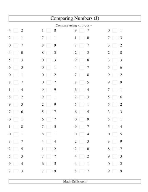 The Comparing Numbers to 9 (J) Math Worksheet