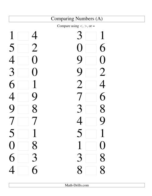 The Comparing Numbers to 9 (Large Print) Math Worksheet