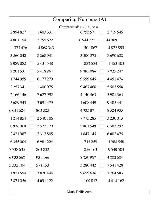 The Comparing Numbers to 10 000 000 (SI Version) (A) Math Worksheet