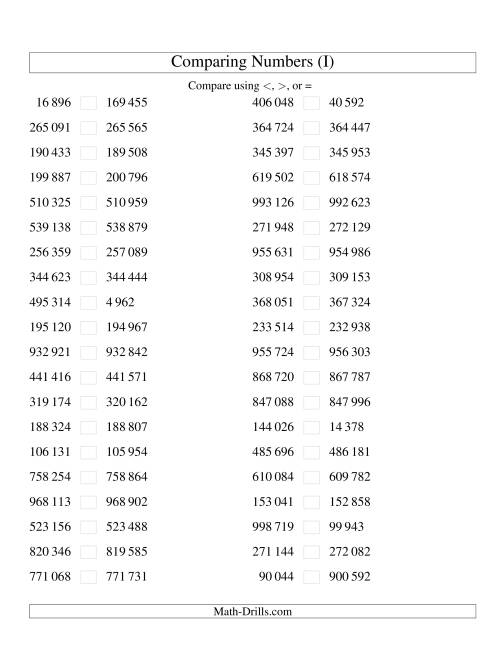 The Comparing Numbers to 1 000 000 Tight (SI Version) (I) Math Worksheet