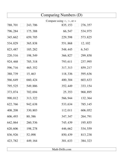 The Comparing Numbers to 1,000,000 (U.S. Version) (D) Math Worksheet