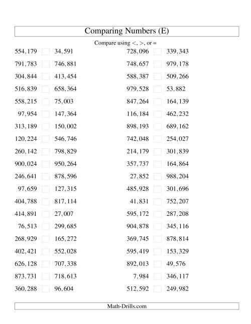 The Comparing Numbers to 1,000,000 (U.S. Version) (E) Math Worksheet