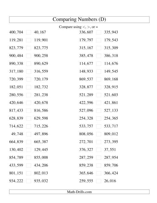 The Comparing Numbers to 1,000,000 Tight (U.S. Version) (D) Math Worksheet
