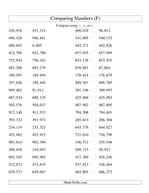 The Comparing Numbers to 1,000,000 Tight (U.S. Version) (F) Math Worksheet