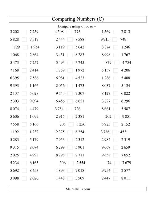 The Comparing Numbers to 10 000 (SI Version) (C) Math Worksheet