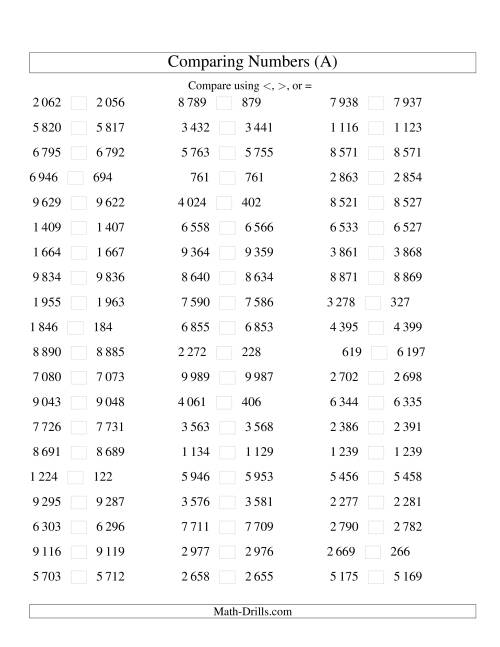 The Comparing Numbers to 10 000 Tight (SI Version) (A) Math Worksheet