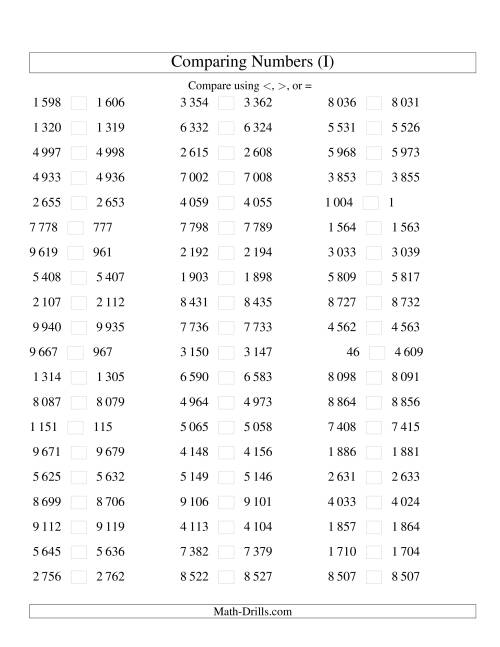The Comparing Numbers to 10 000 Tight (SI Version) (I) Math Worksheet