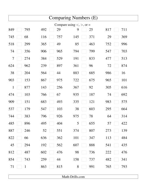 The Comparing Numbers to 1000 (E) Math Worksheet