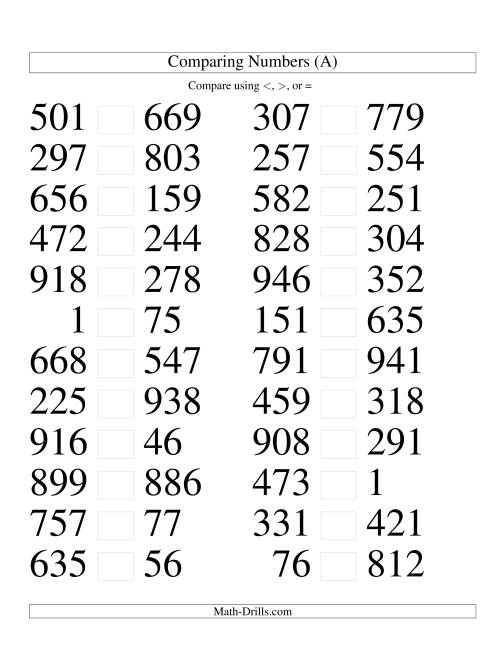 The Comparing Numbers to 1000 (Large Print) Math Worksheet