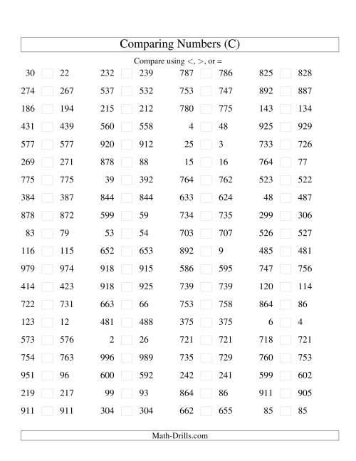 The Comparing Numbers to 1000 Tight (C) Math Worksheet