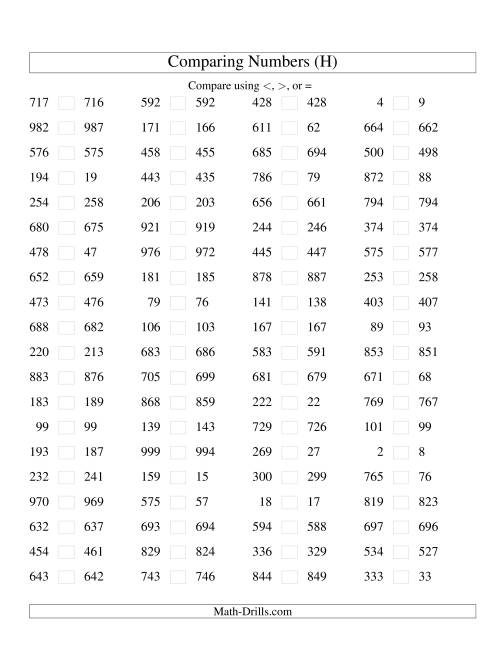 The Comparing Numbers to 1000 Tight (H) Math Worksheet