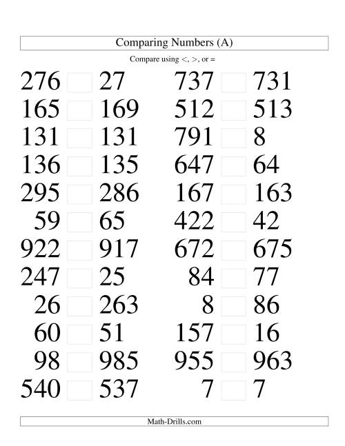 The Comparing Numbers to 1000 Tight (Large Print) Math Worksheet