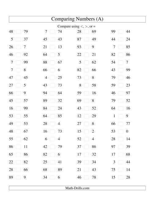 The Comparing Numbers to 100 (A) Math Worksheet