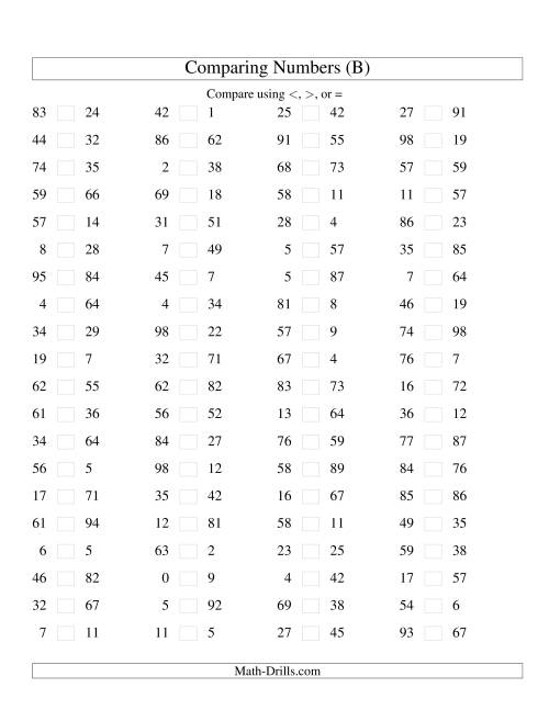 The Comparing Numbers to 100 (B) Math Worksheet