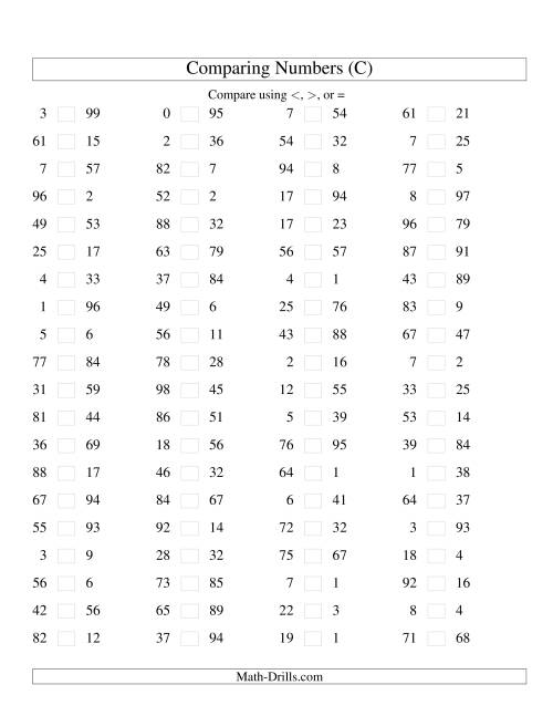 The Comparing Numbers to 100 (C) Math Worksheet
