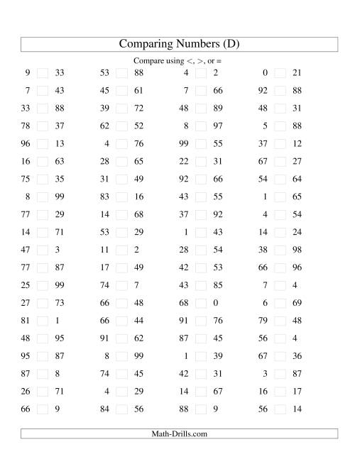 The Comparing Numbers to 100 (D) Math Worksheet