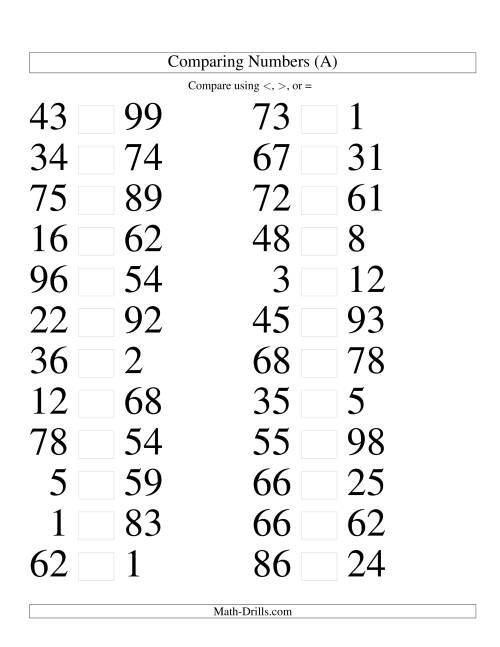 The Comparing Numbers to 100 (Large Print) Math Worksheet