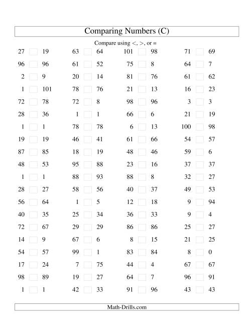 The Comparing Numbers to 100 Tight (C) Math Worksheet