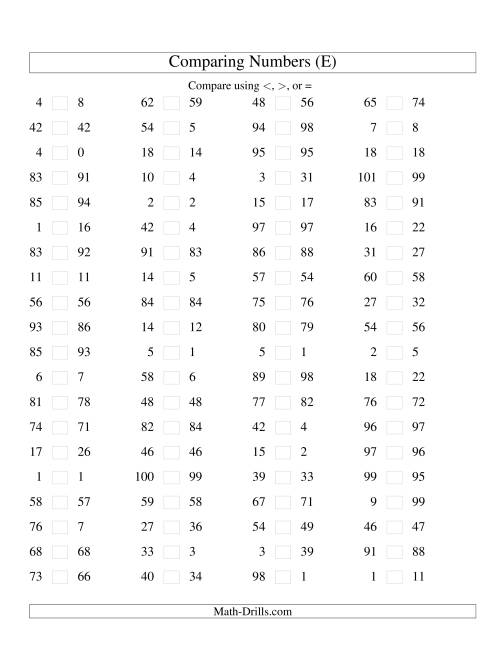 The Comparing Numbers to 100 Tight (E) Math Worksheet