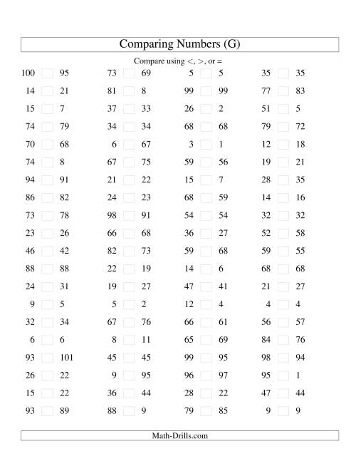The Comparing Numbers to 100 Tight (G) Math Worksheet