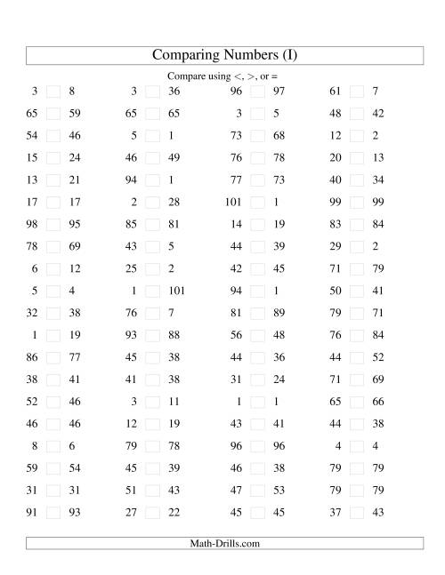 The Comparing Numbers to 100 Tight (I) Math Worksheet