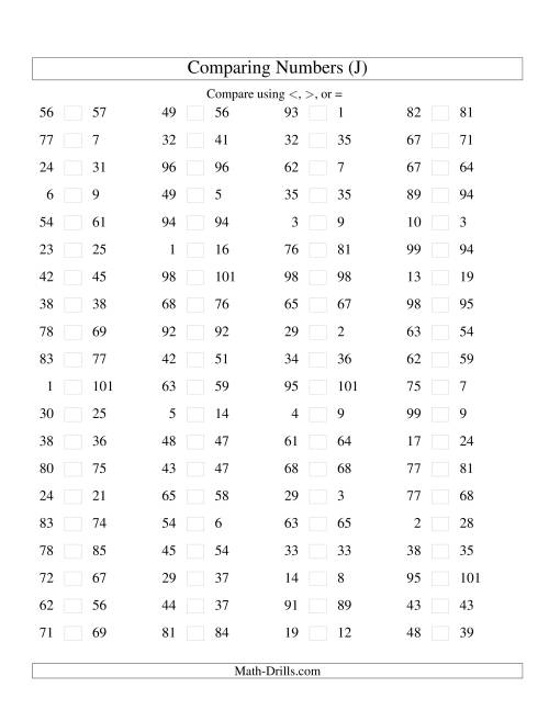 The Comparing Numbers to 100 Tight (J) Math Worksheet