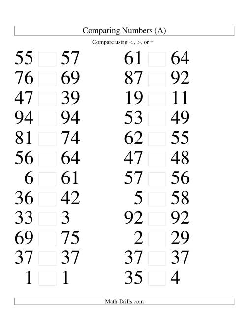 The Comparing Numbers to 100 Tight (Large Print) Math Worksheet