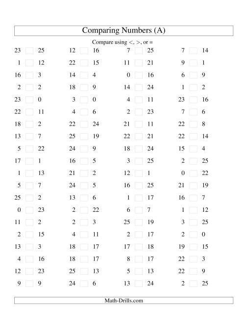 The Comparing Numbers to 25 (A) Math Worksheet