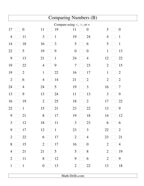 The Comparing Numbers to 25 (B) Math Worksheet