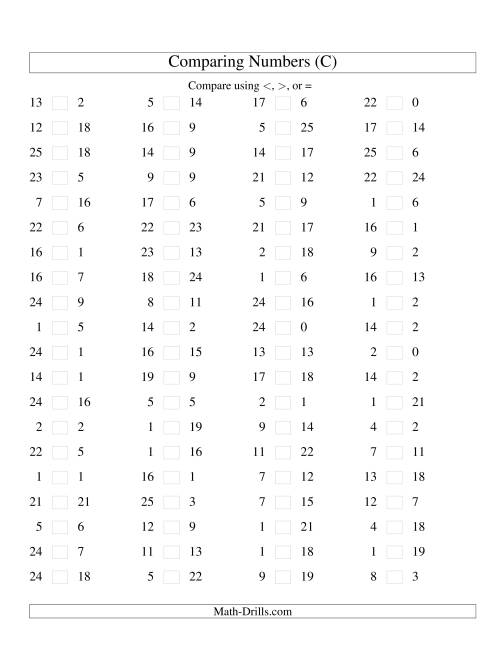 The Comparing Numbers to 25 (C) Math Worksheet