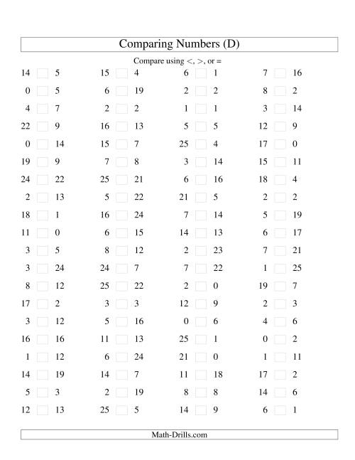 The Comparing Numbers to 25 (D) Math Worksheet