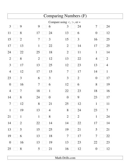 The Comparing Numbers to 25 (F) Math Worksheet