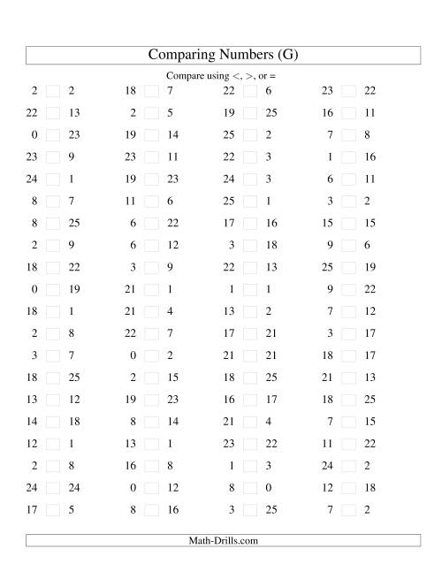 The Comparing Numbers to 25 (G) Math Worksheet