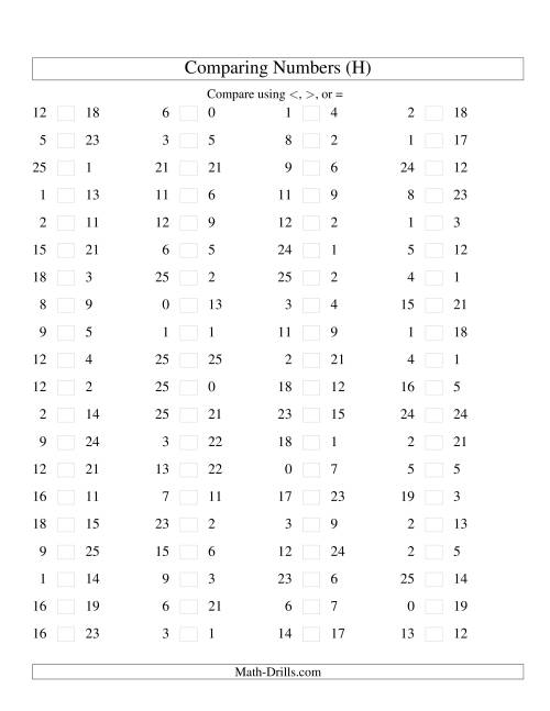 The Comparing Numbers to 25 (H) Math Worksheet