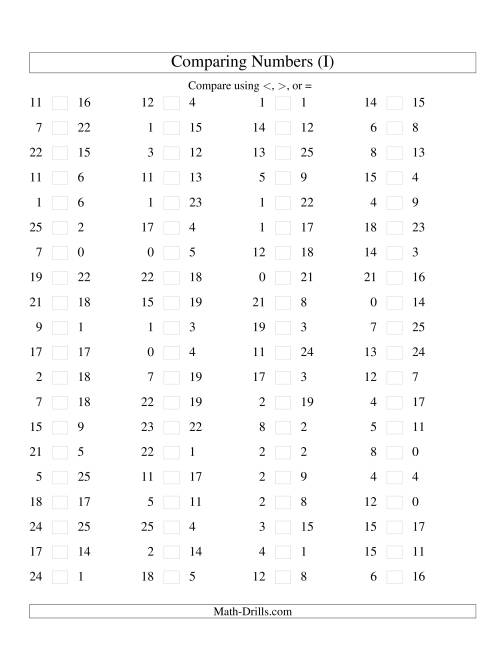 The Comparing Numbers to 25 (I) Math Worksheet