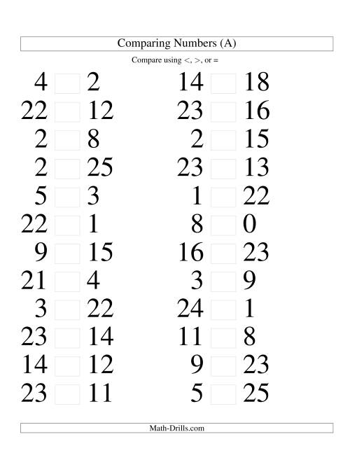 The Comparing Numbers to 25 (Large Print) Math Worksheet