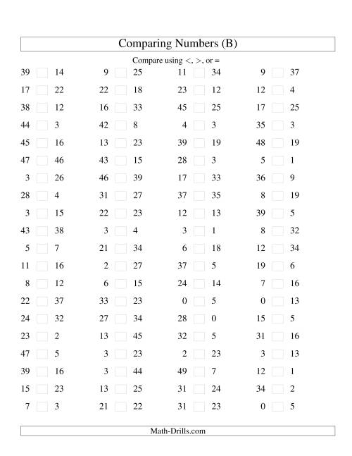 The Comparing Numbers to 50 (B) Math Worksheet