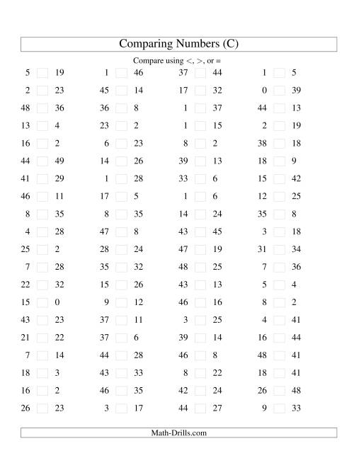 The Comparing Numbers to 50 (C) Math Worksheet