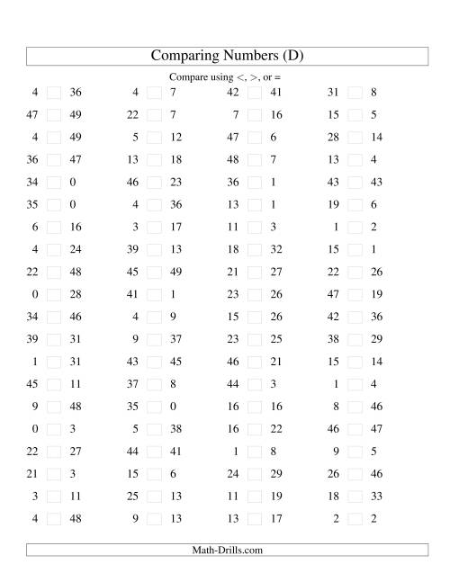 The Comparing Numbers to 50 (D) Math Worksheet