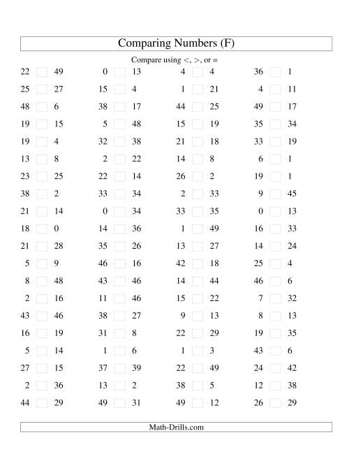 The Comparing Numbers to 50 (F) Math Worksheet