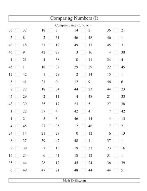 The Comparing Numbers to 50 (I) Math Worksheet