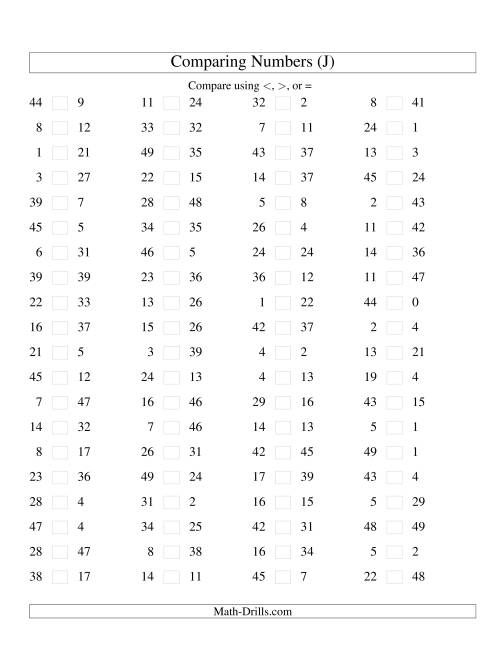 The Comparing Numbers to 50 (J) Math Worksheet