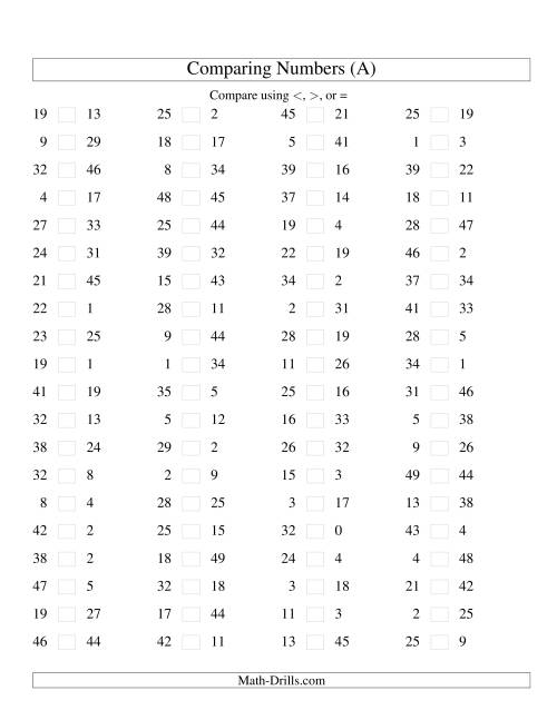 The Comparing Numbers to 50 (All) Math Worksheet