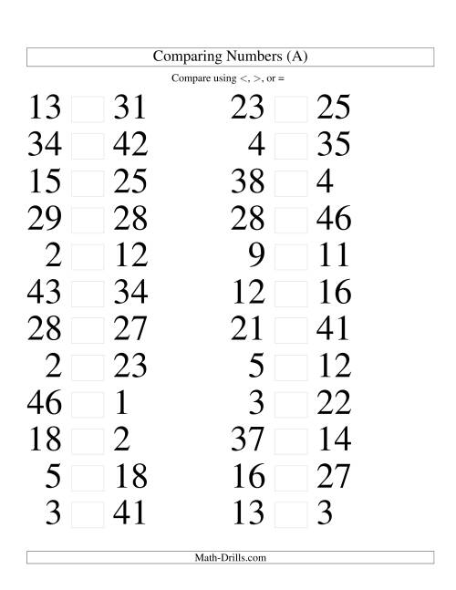 The Comparing Numbers to 50 (Large Print) Math Worksheet