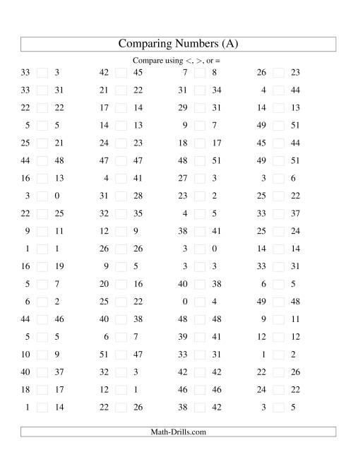 The Comparing Numbers to 50 Tight (A) Math Worksheet