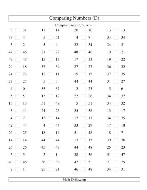 The Comparing Numbers to 50 Tight (D) Math Worksheet