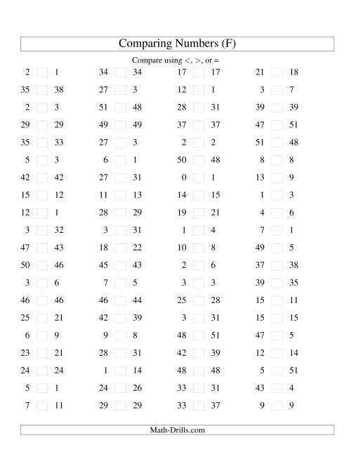 The Comparing Numbers to 50 Tight (F) Math Worksheet
