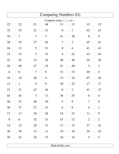 The Comparing Numbers to 50 Tight (G) Math Worksheet
