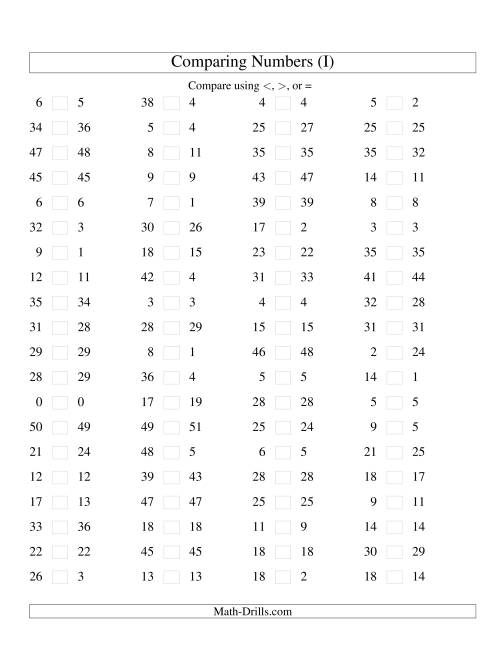The Comparing Numbers to 50 Tight (I) Math Worksheet