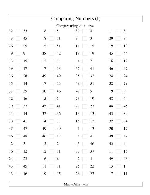 The Comparing Numbers to 50 Tight (J) Math Worksheet